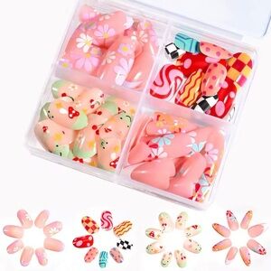 Floral Press-On Nails Set - Pink and Red